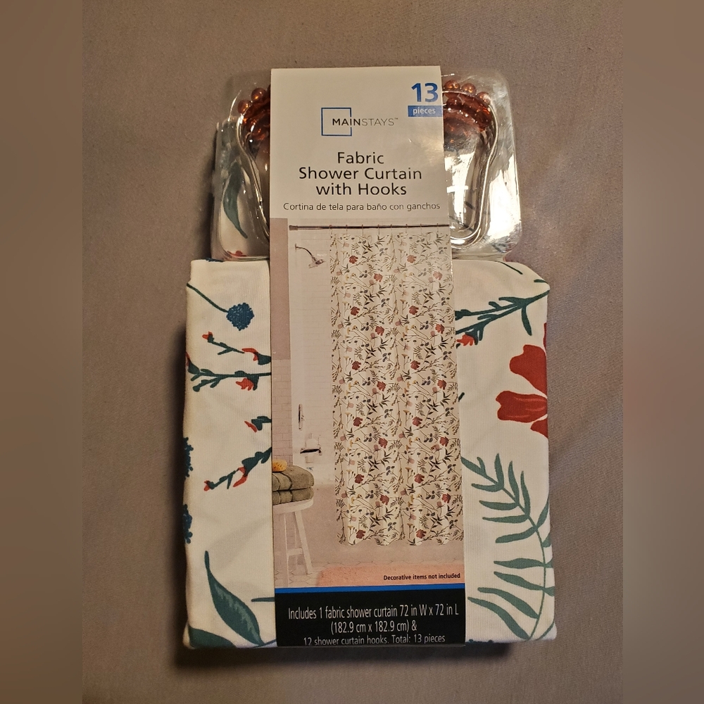 NEW. Shower curtainw/hooks